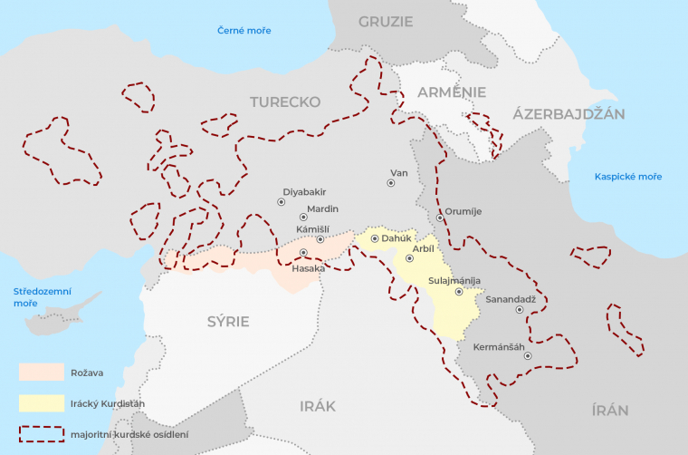 Kurdistán mapa – kurdské osídlení