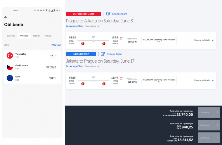 Ukázky různých hodnot letenek v různých měnách (vlevo screen z aplikace Revolut, vpravo ceny letenek Turkish Airlines)